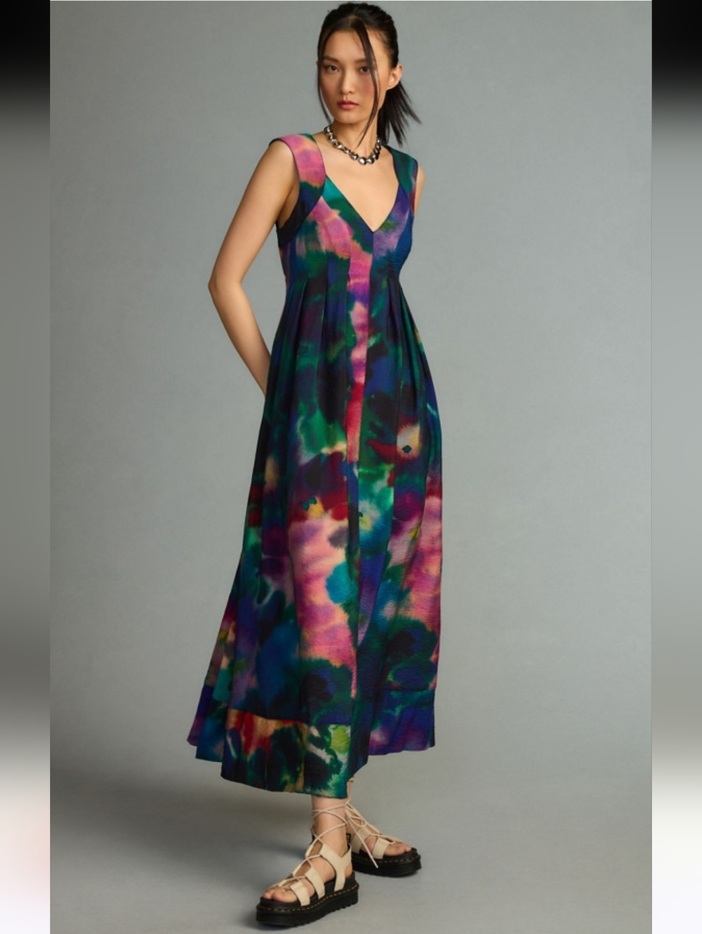 NWOT Anthropologie Printed V-Neck Pleated A-Line Maxi Dress Size Medium Multi
